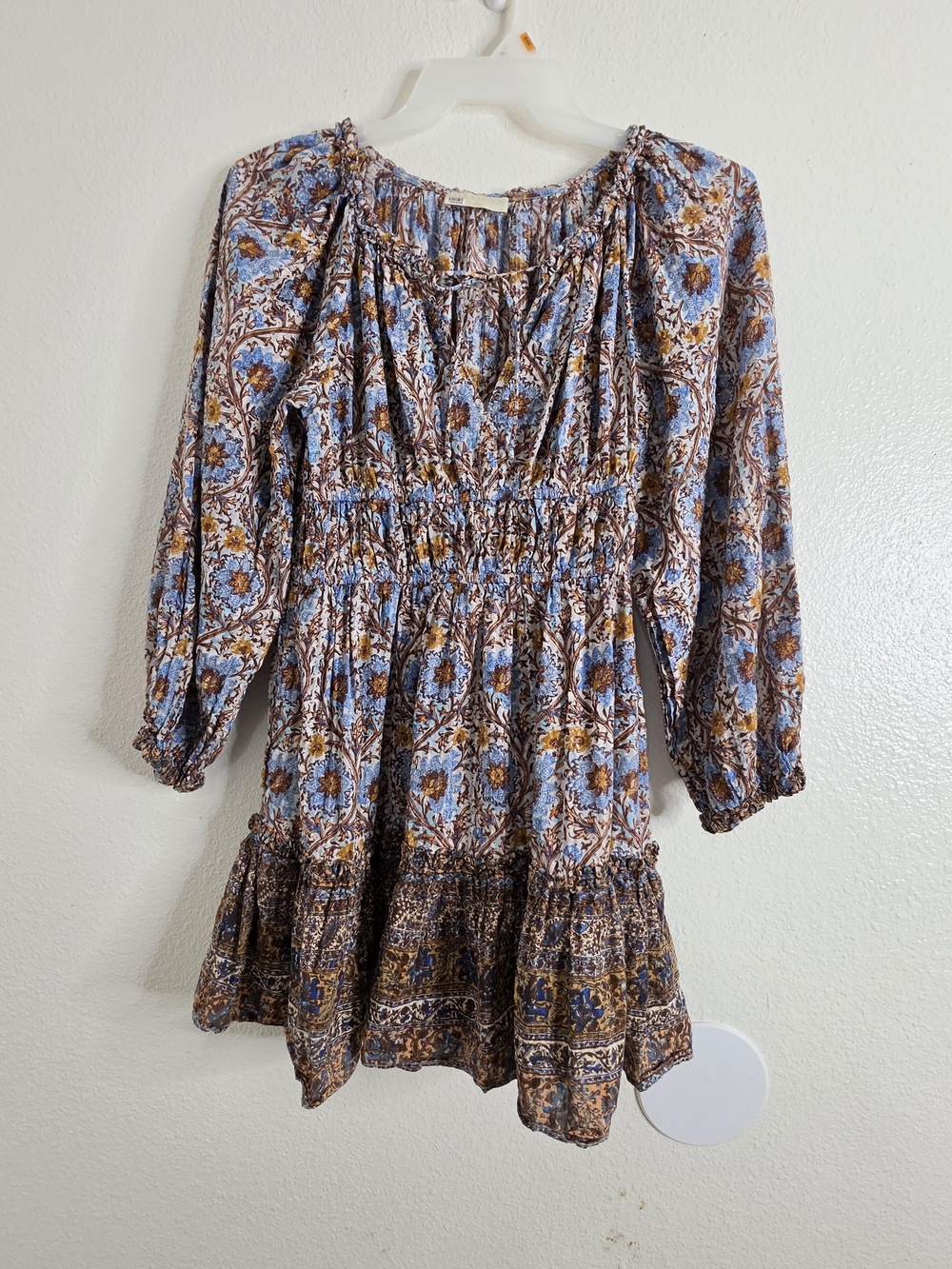 Ulla Johnson Floral Mini Dress Size 8 Blue Brown Cotton Blend Boho Pockets